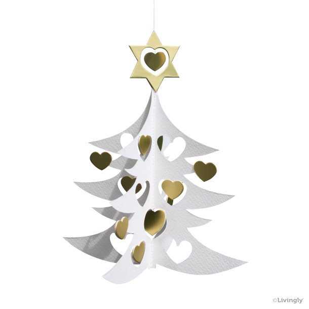 Juletræ m/hjerter, dobbelt 18 cm Hvid/guld 