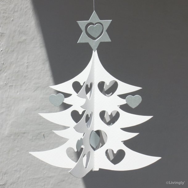 Juletræ m/hjerter, dobbelt 18 cm Hvid/ sølv 